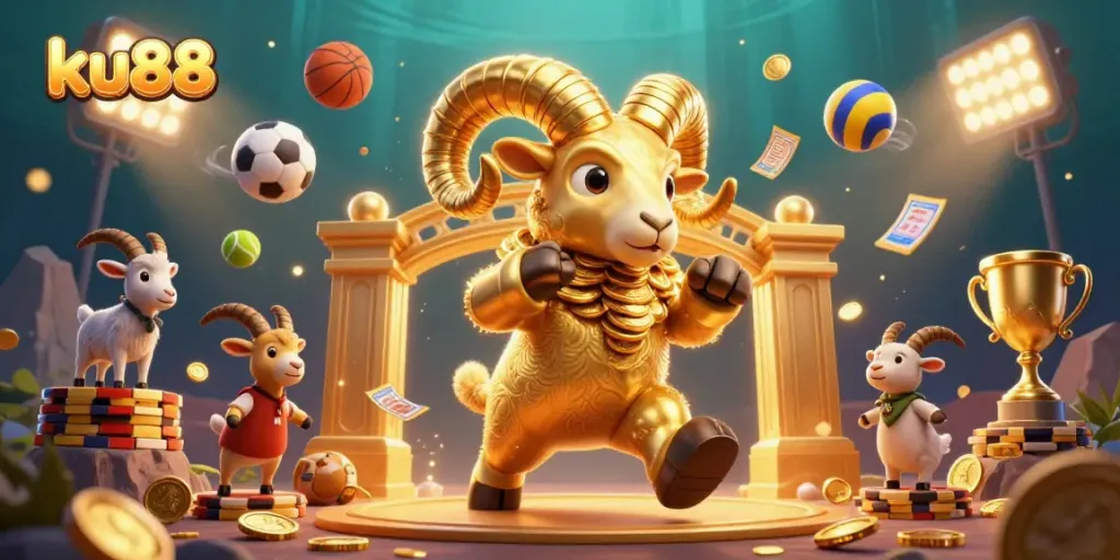 Experience the thrill of betting with ku88's dynamic casino and sports illustration featuring golden ram and energetic game elements.