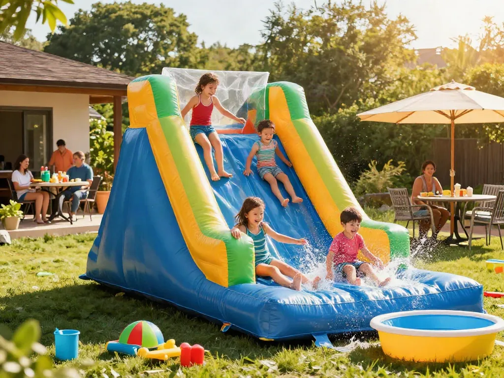 Kids enjoying a vibrant slip and slide in a sunny backyard with splashes and laughter.