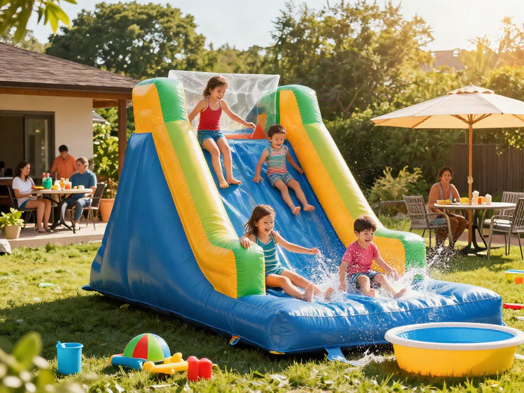 Kids enjoying a vibrant slip and slide in a sunny backyard with splashes and laughter.