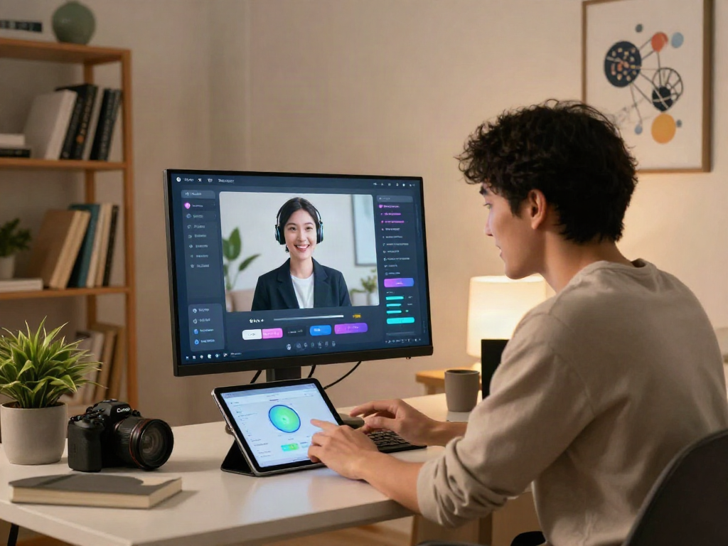 Engaging ai sex chat interaction in a cozy home office with a friendly user and digital avatar.