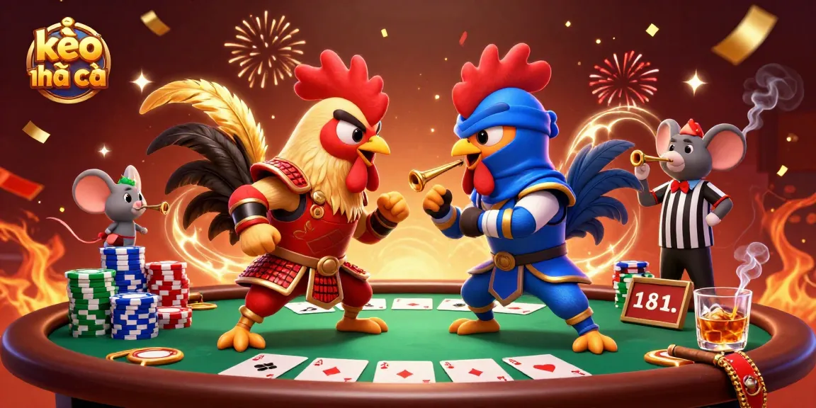 Engage with kèo nhà cái through this dynamic illustration of fighting roosters at a poker table.