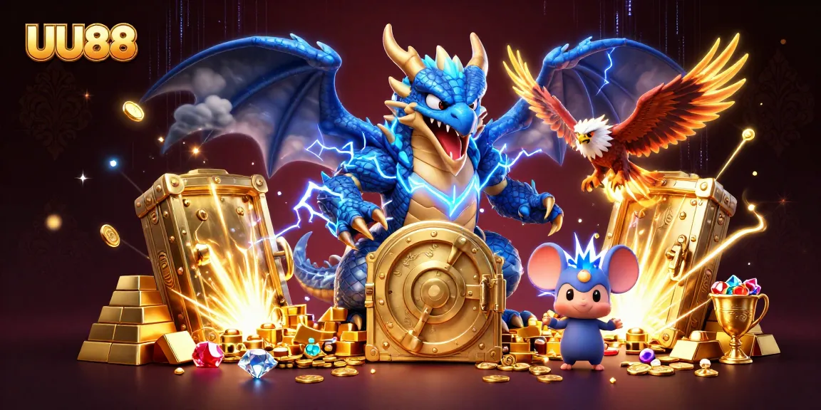 Engage in thrilling gameplay at UU88 with a vibrant dragon, hawk, and mouse showcasing excitement in a rich casino atmosphere.