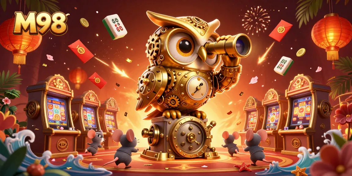 Experience thrills at M98 with a clockwork owl and vibrant casino elements.