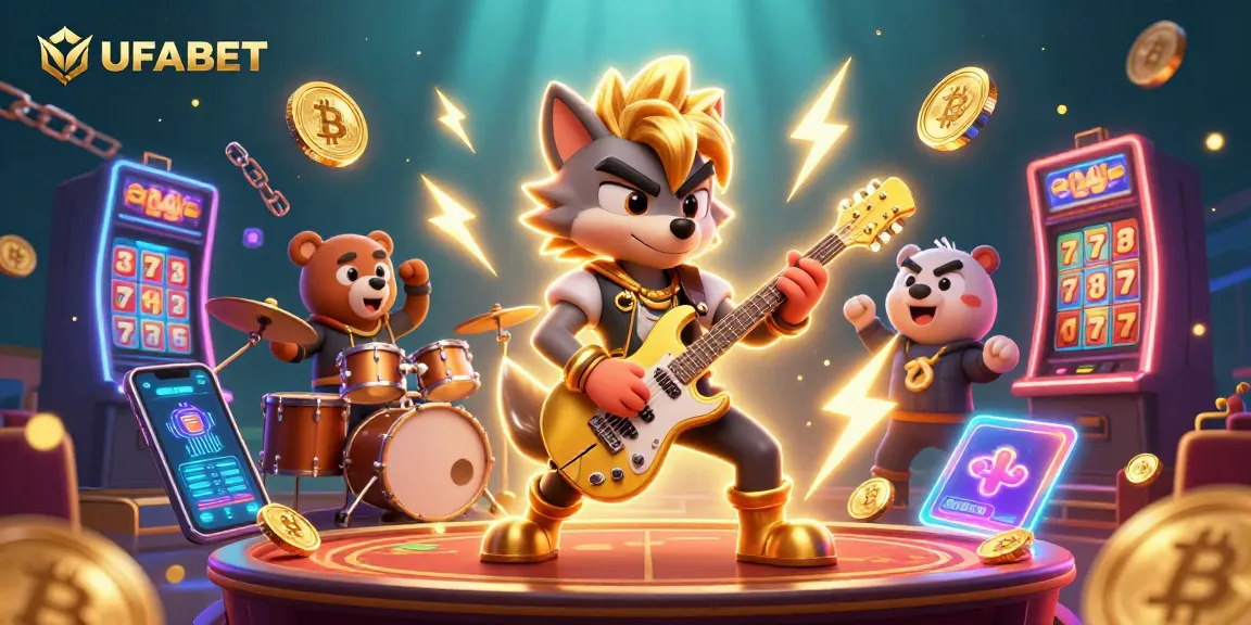 Experience exciting slots and jackpots with UFABET in a vibrant casino illustration featuring a rock star wolf.