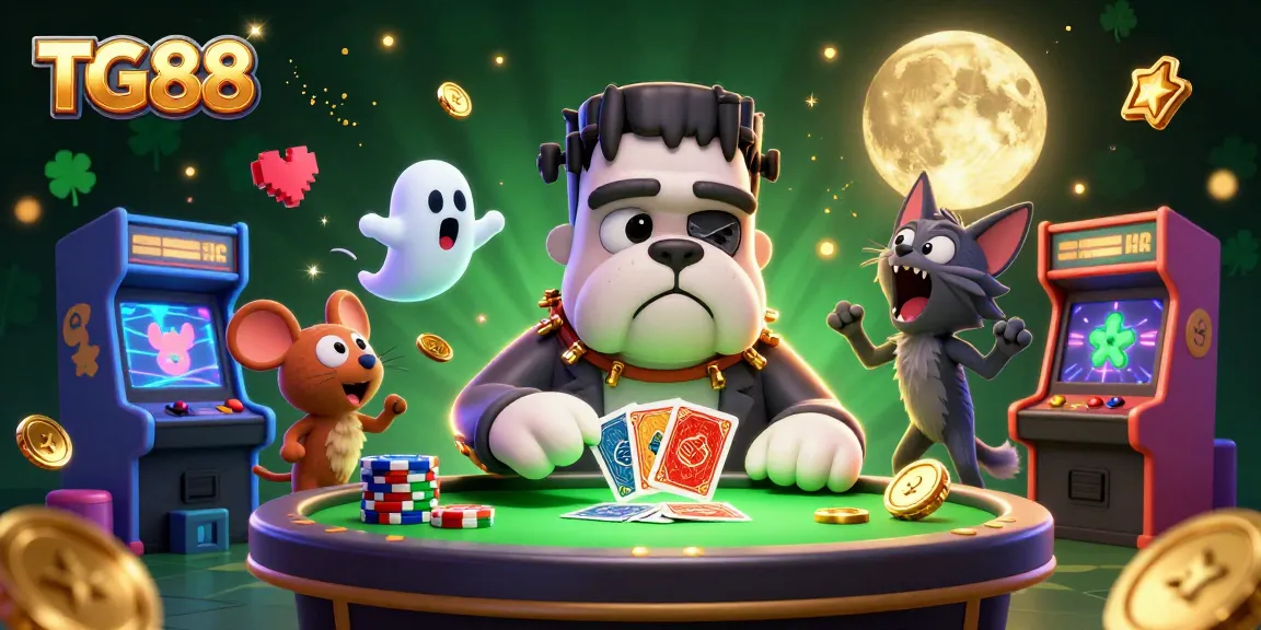 Join TG88 for an exciting gambling adventure with a lively scene featuring a bulldog dealer and a ghost mouse.