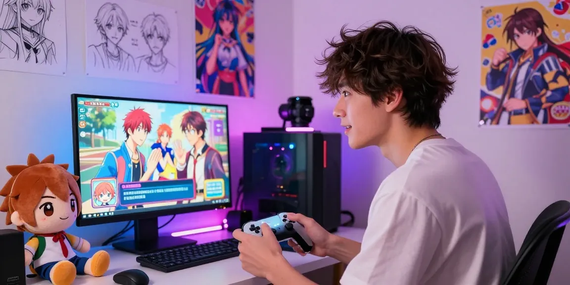 Dynamic anime bedroom scene featuring a male protagonist engaged in a hentai game with vibrant character graphics.