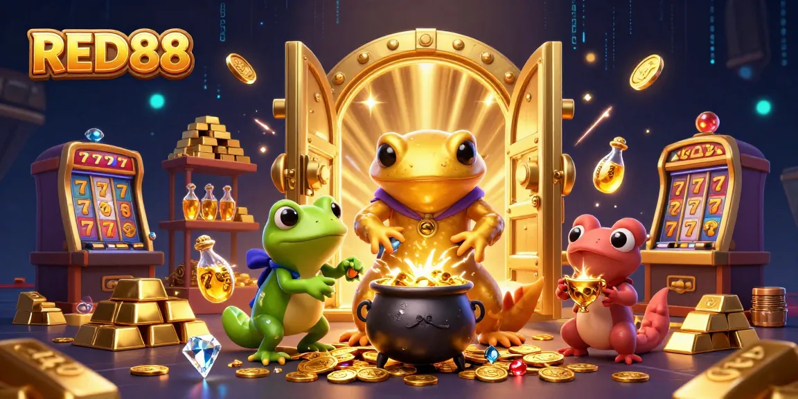 RED88 reveals the magic of winning with golden coins and rich casino treasures in a vibrant illustration.