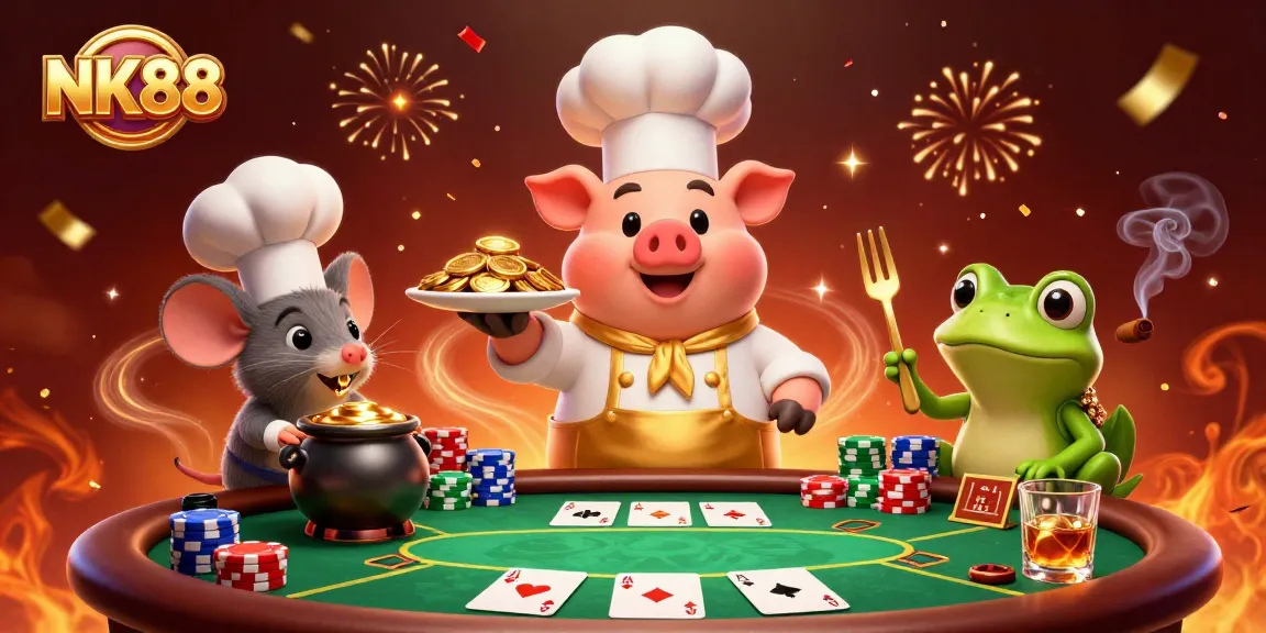 Experience winning moments at NK88 with a chef pig serving gold coins amidst poker elements.