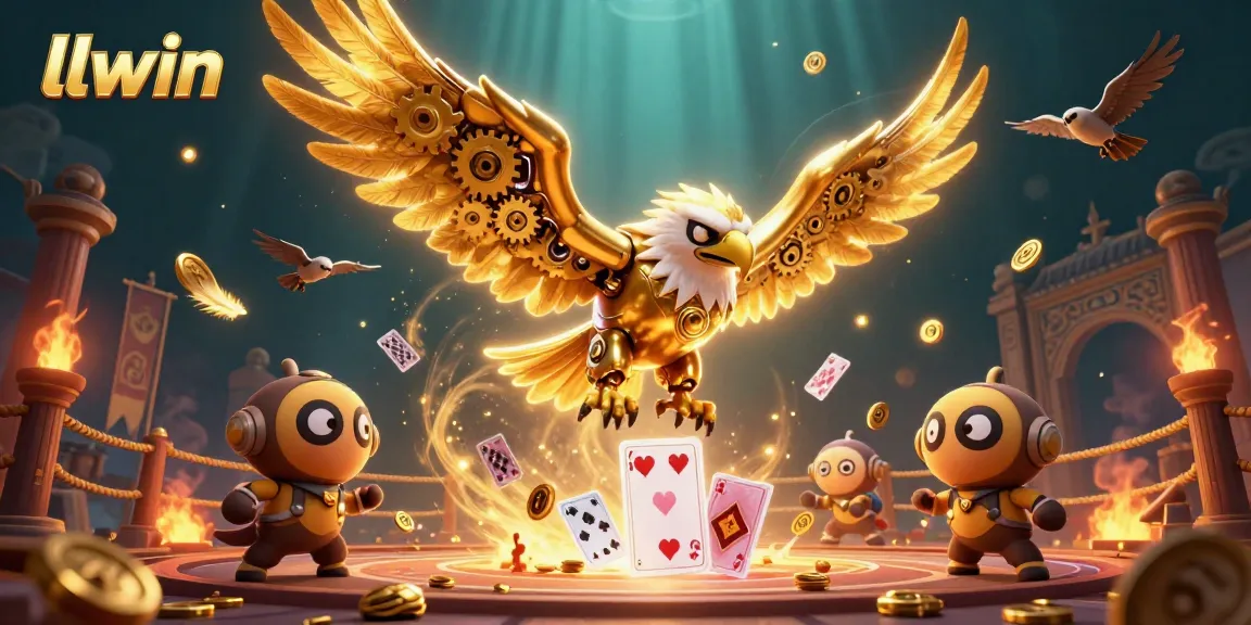 Experience thrilling gaming with llwin's cybernetic eagle soaring amidst vibrant casino elements.
