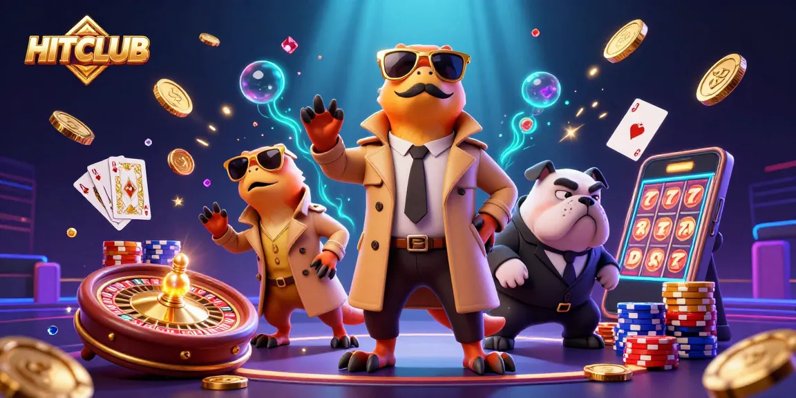 Engage with HITCLUB, featuring raptors and a bulldog at a dynamic casino scene.