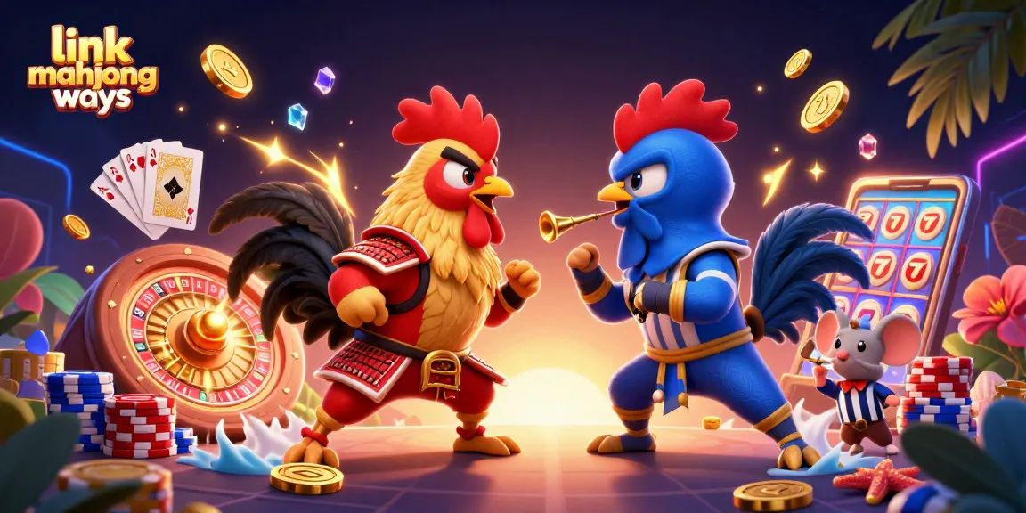 Experience thrilling action with link mahjong ways in vibrant casino-themed 3D illustration featuring cartoon roosters and game elements.
