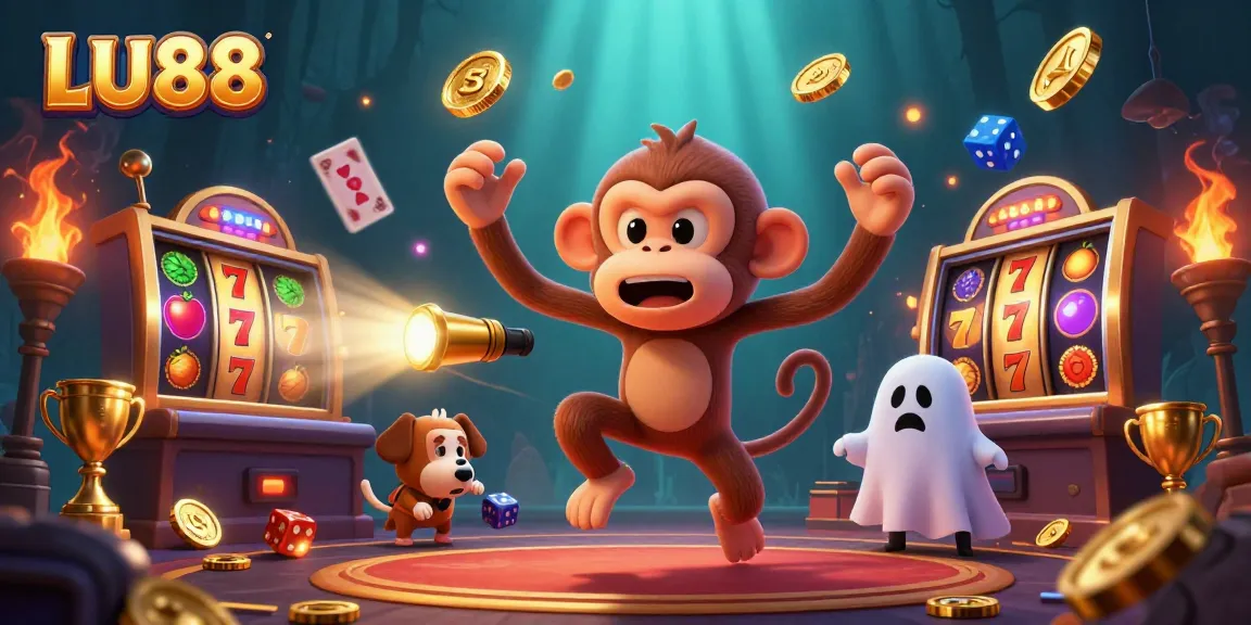 Experience the excitement of LU88 with a playful poltergeist monkey and a curious puppy in a vibrant casino setting.