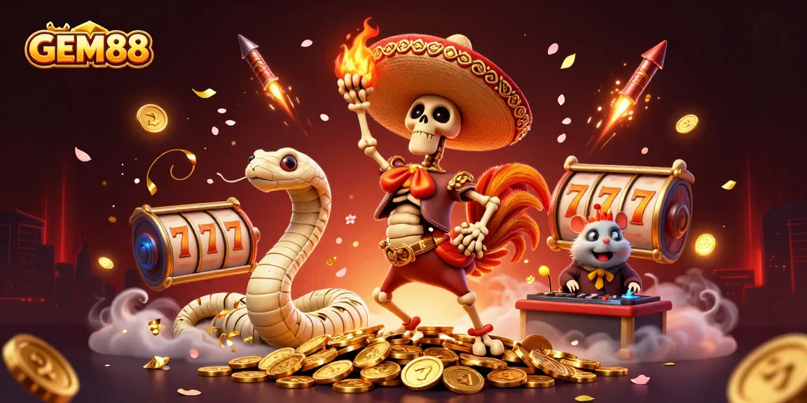 Experience GEM88's thrilling jackpot action with vibrant characters and vivid casino elements.