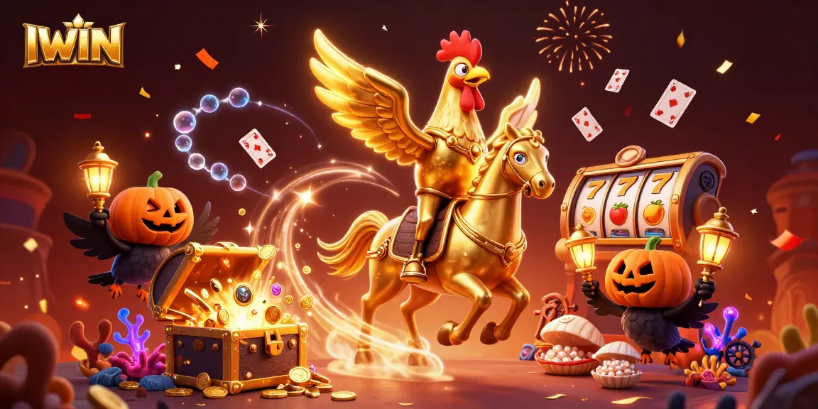 IWIN dazzles gamers with a vibrant casino scene featuring golden rooster characters and captivating slot elements.