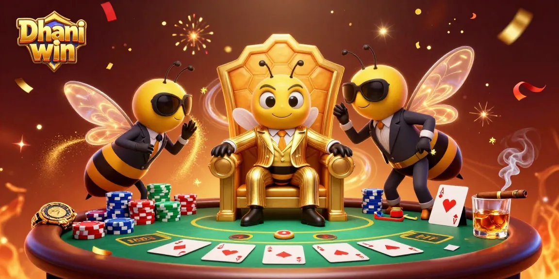 Dhani win showcases a vibrant casino scene with a bumblebee mob boss and poker action.