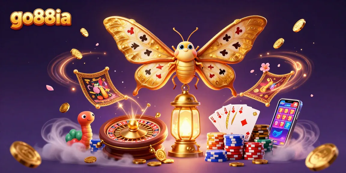 Weaving casino wonders, go88ia reveals a vibrant moth amidst golden treasures and gaming elements.