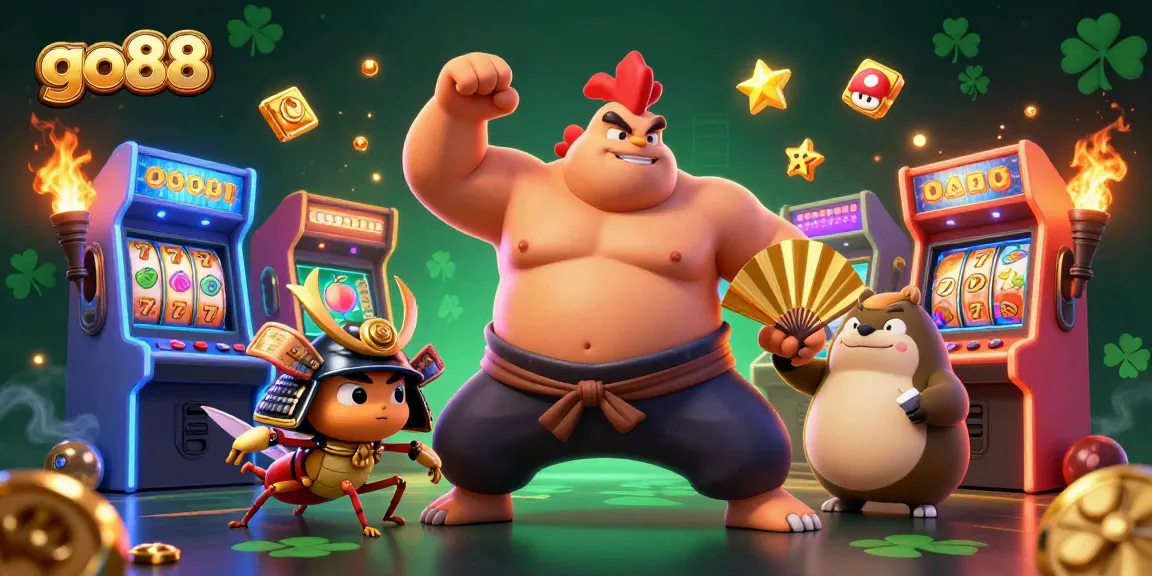 Experience thrilling slots and jackpots with Go88's vibrant casino scene featuring powerful characters.