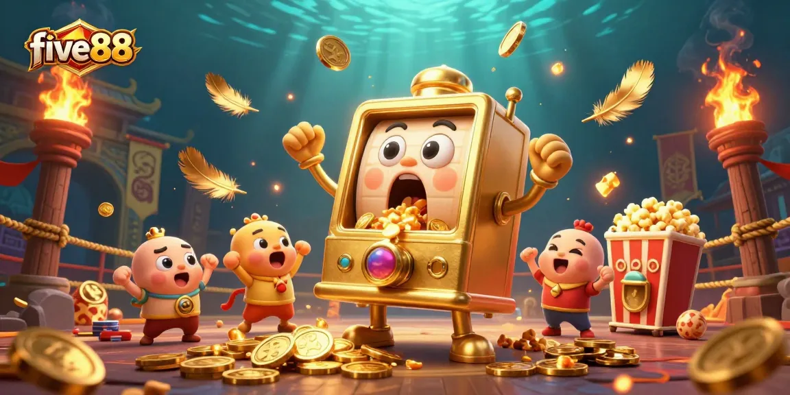 Witness the golden slot machine at five88 celebrating its jackpot with coins spilling, surrounded by cheering baby slots and magical elements.