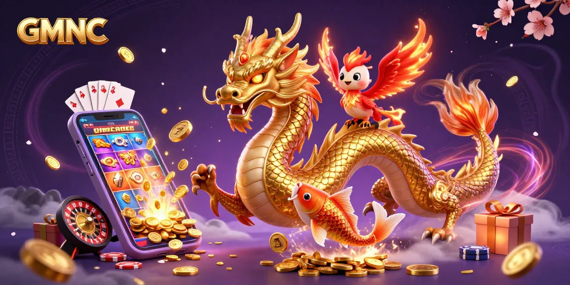 Engage with GMNC's vibrant casino gaming scene featuring a dragon, phoenix, and koi amidst dynamic elements.